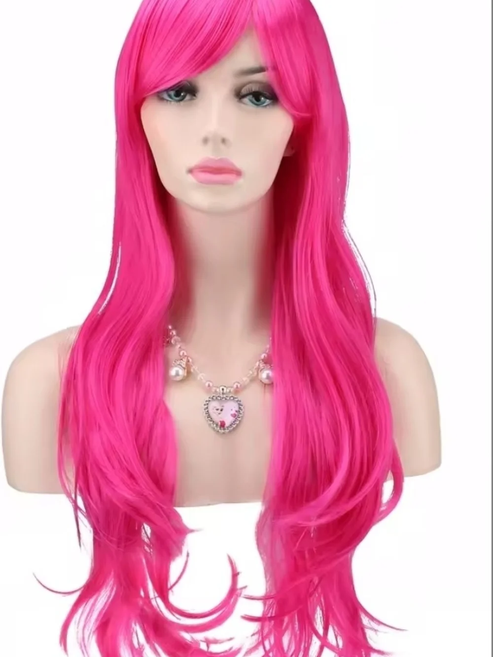 Bright Hot Pink Long Synthetic Costume Wig with Side Bangs
